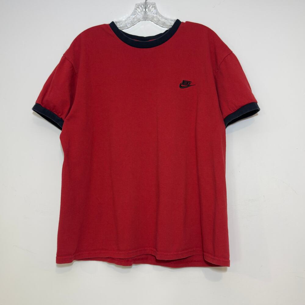 NIKE Vintage 90s Y2K Red Embroidered Tshirt Contrast Collar & Sleeve ends Medium
